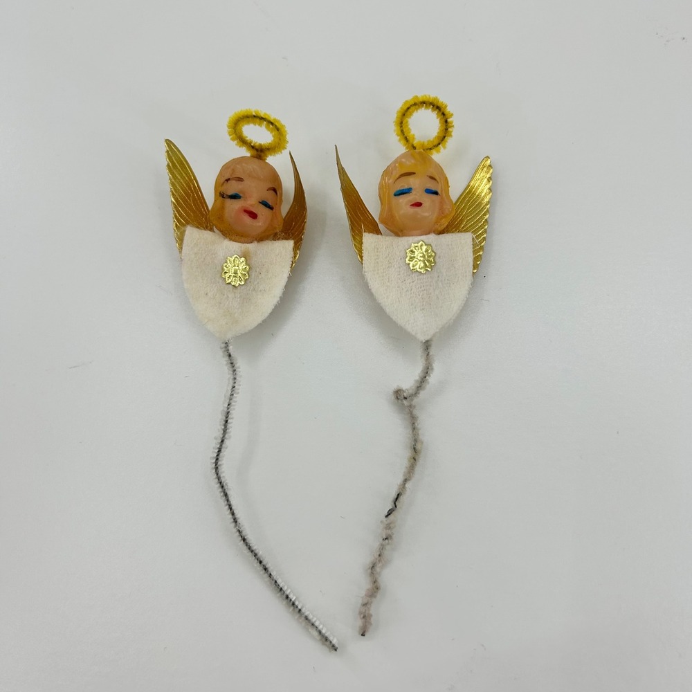 Vintage Angel Pick Ornaments Gold Wings Pipe Cleaner Stems Rubber Face Christmas